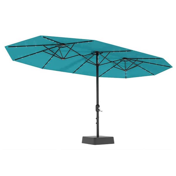15 ft. Rectangular Solar LED Lighted Double-Sided Market Patio Umbrella with Crank Lift and Base in Mist Blue