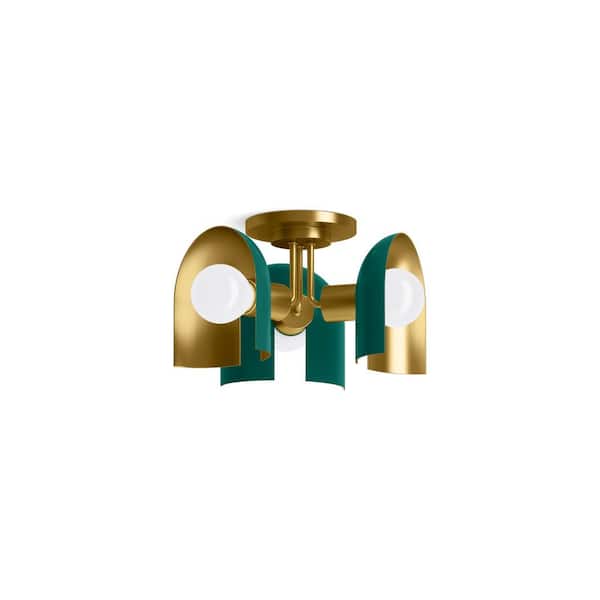 KOHLER Jabot 3.81 in. 3-Light Jade with Brushed Moderne Brass Accents Flush Mount