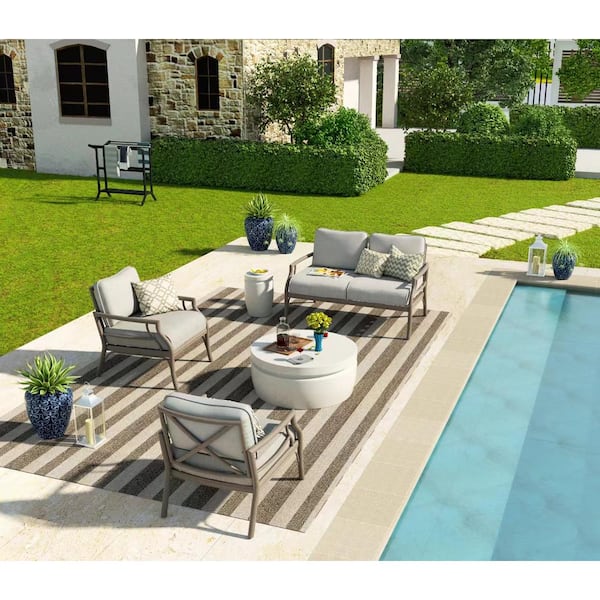 PEAK HOME FURNISHINGS Lamando 3-Piece Aluminum Patio Outdoor Conversation Set with Light Mixed Gray Cushions Loveseat