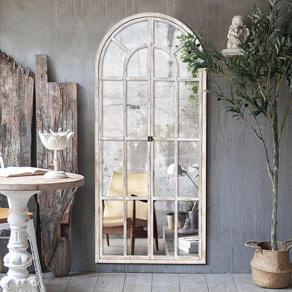 Dovelina 31.5 in. W x 71 in. H Oversize Classic Arched Solid Wood Framed Weathered White Floor Mirror A-MR04035