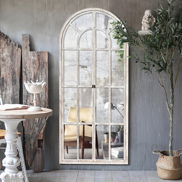 Dovelina 31.5 in. W x 71 in. H Oversize Classic Arched Solid Wood Framed Weathered White Floor Mirror