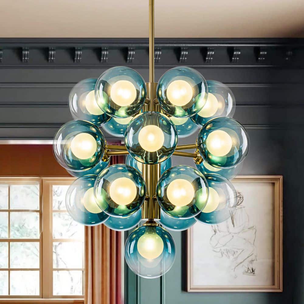 Ceder 19-Light 19.7 in. W Stain Brass Modern Cluster Chandelier with Gradient Blue/Tinted Glass and Frosted Glass price history on PriceWatchPro