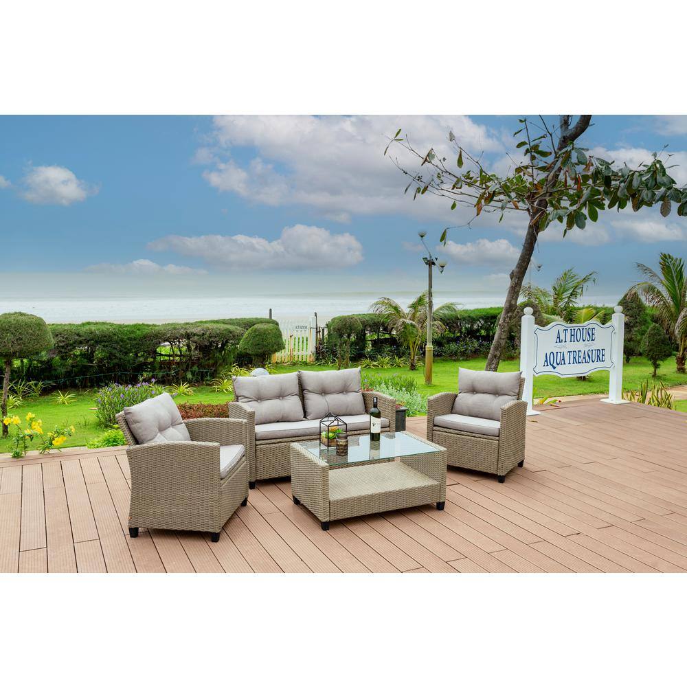 Versailles 4-Piece Gray Wicker Patio Conversation Set with Cushions