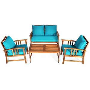 4-Piece Wood Patio Conversation Set with Turquoise Cushions