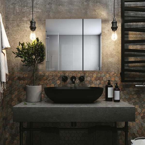 Royale 30 in W x 36 in. H Rectangular Tri-View Medicine Cabinet with Mirror Defogger and 3X Removeable Magnifying Mirror
