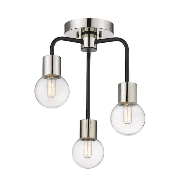 Unbranded Neutra 14 in. 3-Light Matte Black and Polished Nickel Semi Flush Mount with Clear Glass Shade