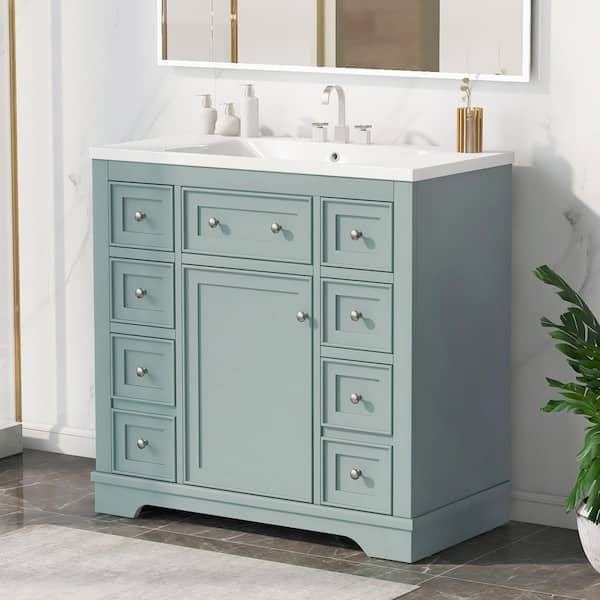 36 in. Single Sink Freestanding Green Bath Vanity with White Ceramic Top, One Cabinet and Six Drawers