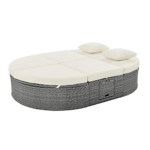 2-Person Gray Wicker Outdoor Day Bed with Beige Cushions and Adjustable Backrests