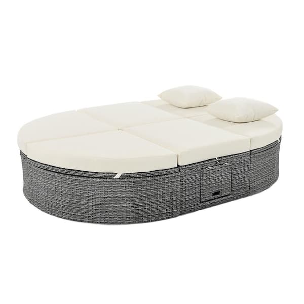 Cesicia 2-Person Gray Wicker Outdoor Day Bed with Beige Cushions and ...