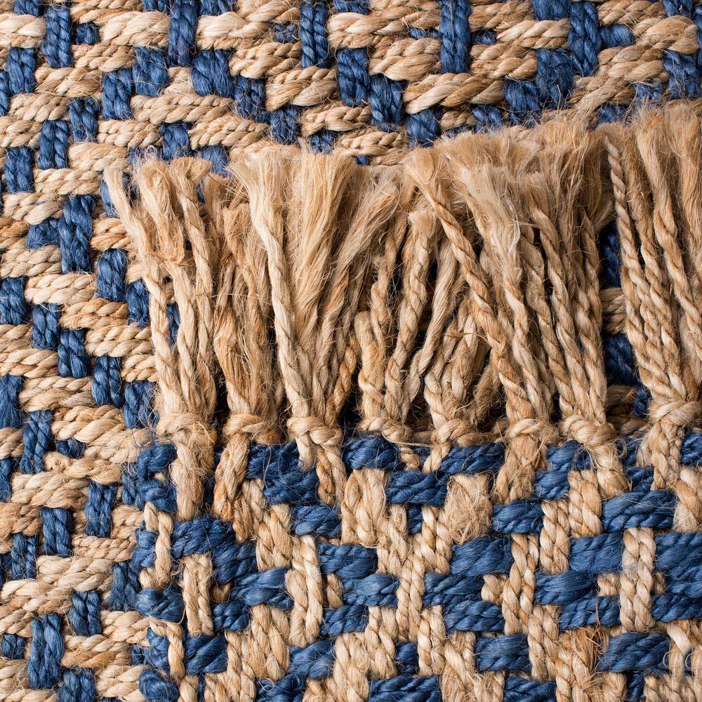 Hand-Woven Tropical Blue and Natural Jute Geometric 9' x 12' Rug