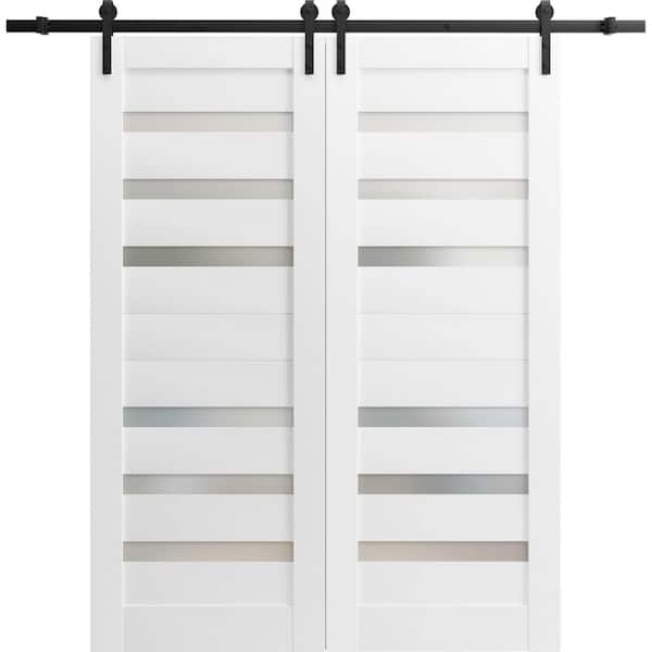 Sartodoors 42 in. x 84 in. 2 Panel Frosted Glass White Solid Wood Sliding Barn Door with Hardware Kit