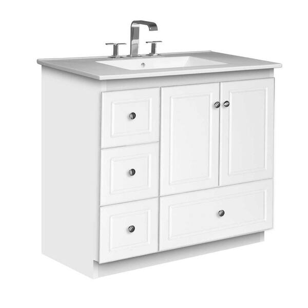 Simplicity by Strasser Ultraline 37 in. W x 22 in. D x 35 in. H Vanity with Left Drawers in Satin White with Ceramic Vanity Top in White