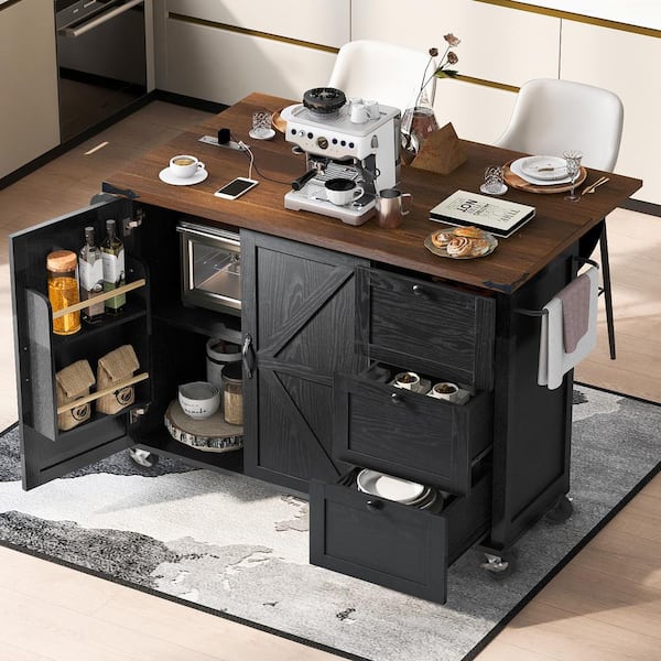Harper & Bright Designs Black Wood Kitchen Cart with Drop Leaf, Power Outlet, 2 X Barn Doors, Towel Rack, Spice Rack, 3 Drawers