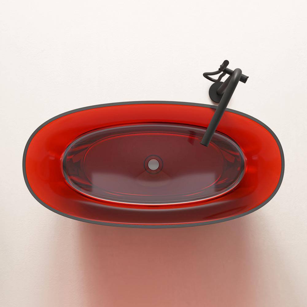59" Pure Resin Red Freestanding Soaking Bathtub with Polished Chrome Drain