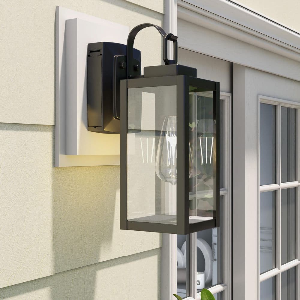 Matte Black Outdoor Lantern Sconce with Clear Glass and GFCI Outlets