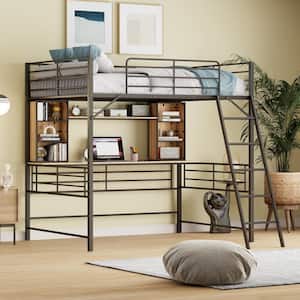 Black Metal Full Size Loft Bed with Bookshelves, Built in. Desk, Sloping Ladder, Full-Length Guardrails