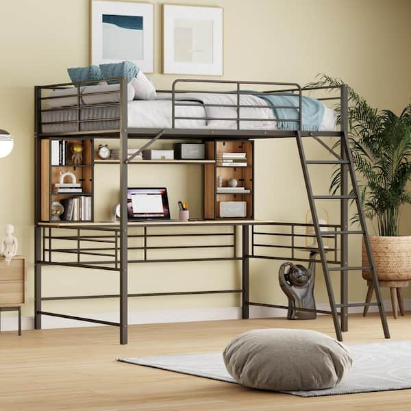 Harper & Bright Designs Black Metal Full Size Loft Bed with Bookshelves ...