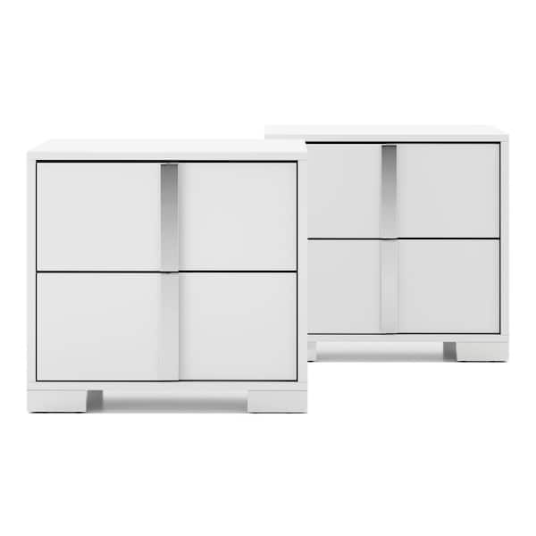 Mesala Glossy White 2-Drawer Nightstand with Chrome Handles (Set of 2)