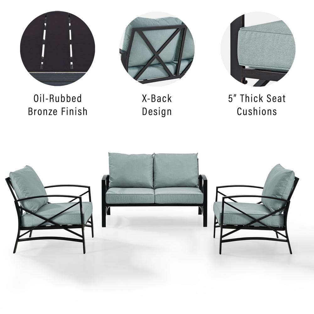 Kaplan 3-Piece Black Steel Outdoor Conversation Set with Cushions