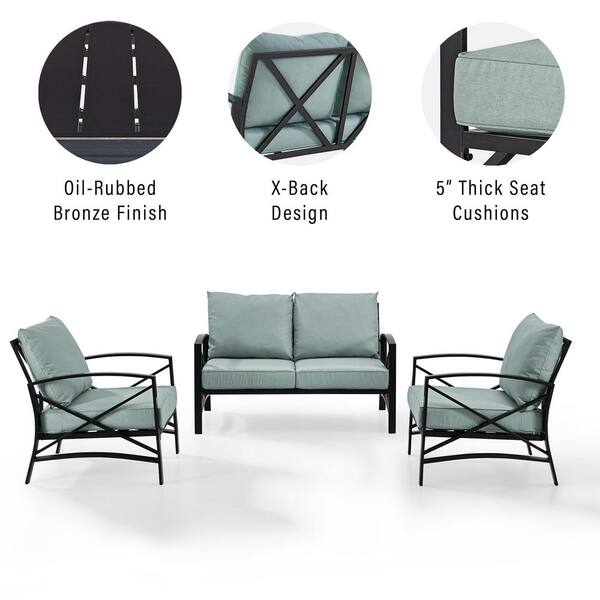 CROSLEY FURNITURE Kaplan 3 Piece Metal Patio Outdoor Seating Set