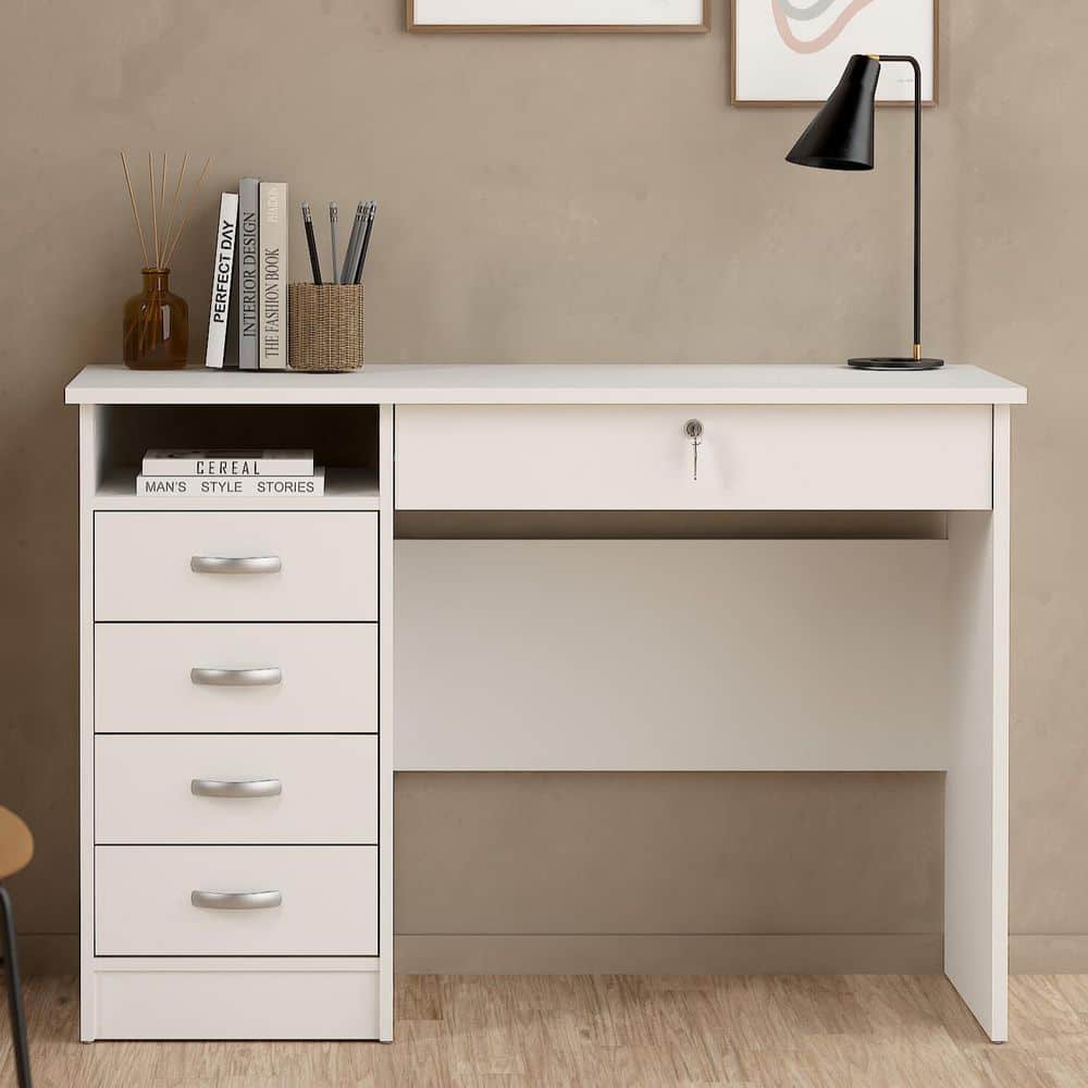 Walden White Engineered Wood Desk with 5 Drawers