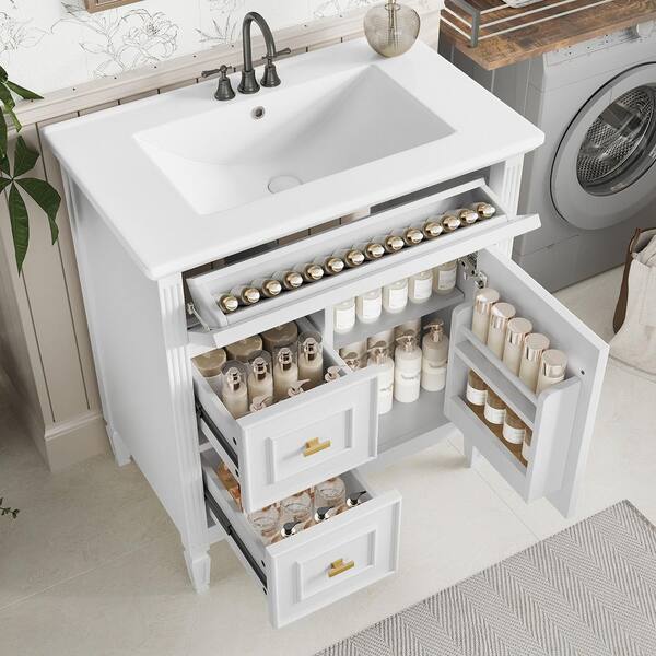 30 in. Single Sink Freestanding White Bath Vanity with White Ceramic Top and Adjustable Shelf Vanity Cabinet Unassembled