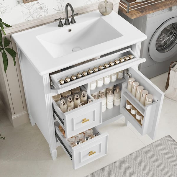 30 in. Single Sink Freestanding White Bath Vanity with White Ceramic Top and Adjustable Shelf Vanity Cabinet Unassembled