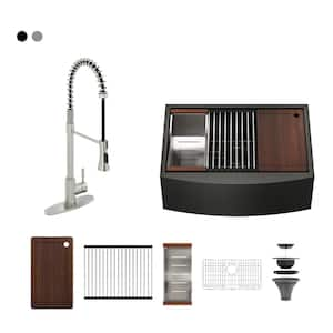 Stainless Steel 33 in. Single Bowl Farmhouse Apron Workstation Kitchen Sink with Brushed Nickel Faucet and Accessories