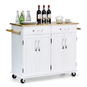 White Rolling Kitchen Cart with Towel Rack and Wood Table Top