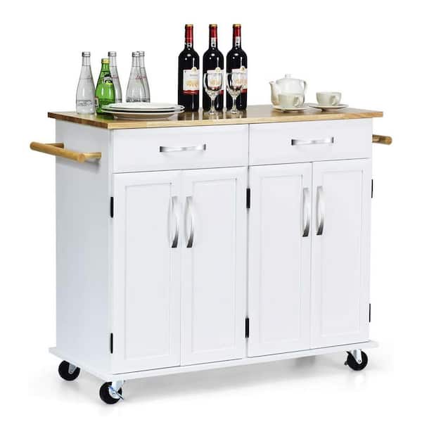 Bunpeony White Rolling Kitchen Cart with Towel Rack and Wood Table Top