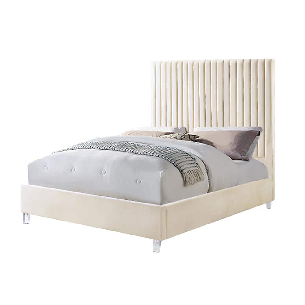 Beige Velvet Upholstered Queen Bed with Tufted Headboard and Slats