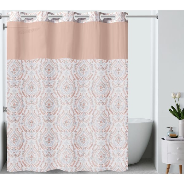 HOOKLESS French Damask 71 in. W x 74 in. L Polyester Shower Curtain in Coral