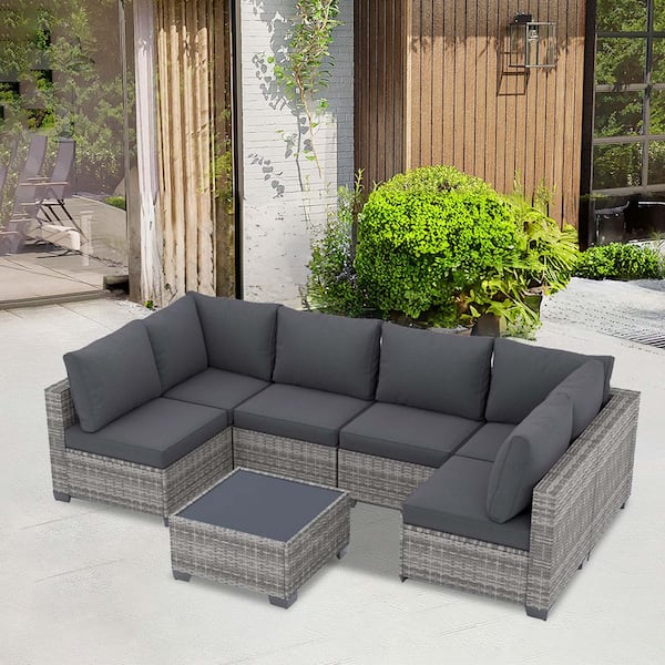 Zeus & Ruta 7-Piece Gray Wicker Outdoor Sectional Set with Gray
