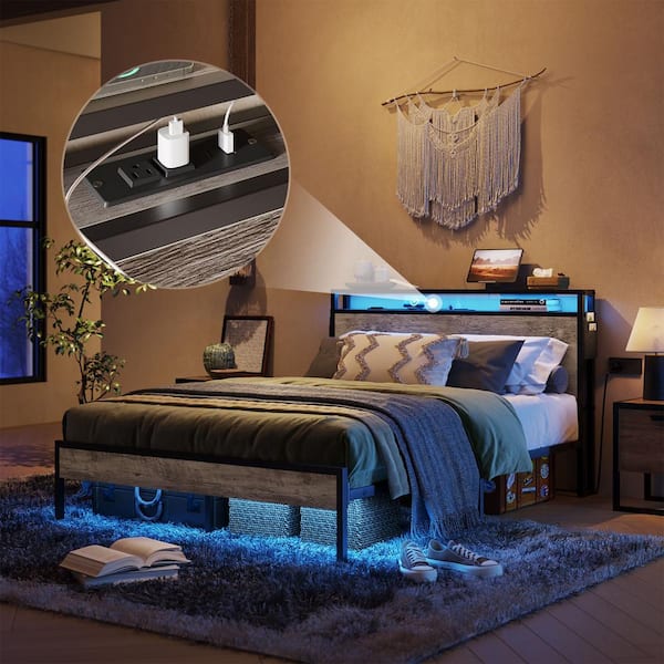 Grey Metal Frame Full Size Platform Bed with Charge Station and Storage Headboard, LED Lights