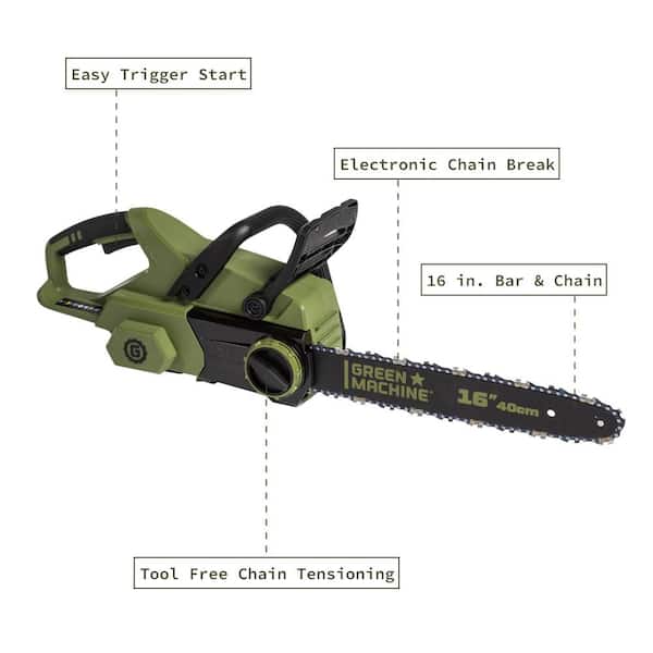 Green Machine GMCS6200 62V Brushless 16 in. Battery Chainsaw Auto-tensioning system, easy trigger start with 4 Ah Battery and Charger - 3