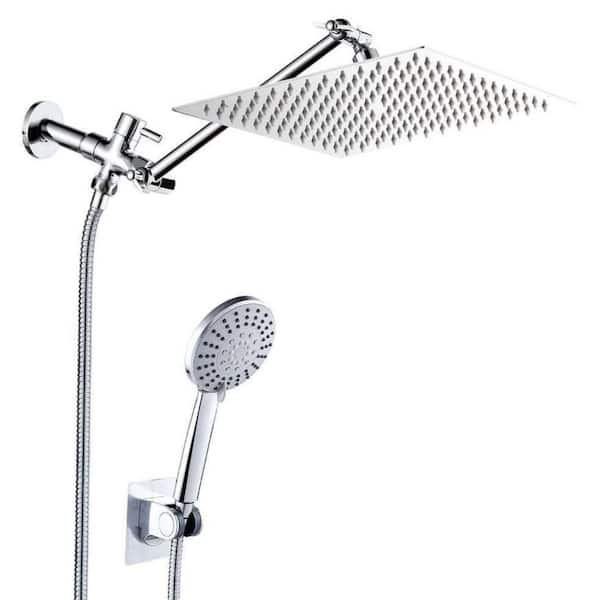 High Pressure 5-Spray Wall Mounted 2-in-1 Fixed and Square Shower Head 1.8 GPM in Chrome with Adjustable Extension Arm