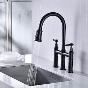 Double Handle Bridge Kitchen Faucet in Matte Black with Pull-Down Spray Head