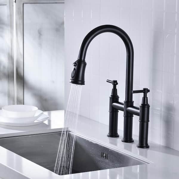 LORDEAR Double Handle Bridge Kitchen Faucet in Matte Black with Pull-Down Spray Head