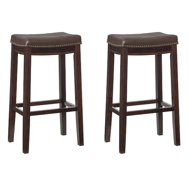Linon Home Decor Concord 32 in. Brown Backless Wood Bar Stool with Brown Faux Leather Seat Set of 2