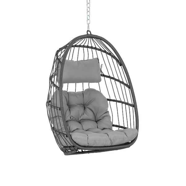 Brafab 3.44 ft. Wicker Patio Outdoor Hanging Egg Chair Hammock with Gray Cushions