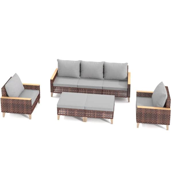Runesay 7-Piece Rattan Wicker Patio Outdoor Furniture Conversation Sectional Sofa Set with Ottomans and Gray Thick Cushions