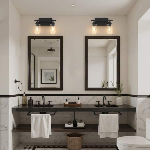 13 in. Industrial 2-Light Matte Black Farmhouse Vanity Light with Glass Shades for Bathroom