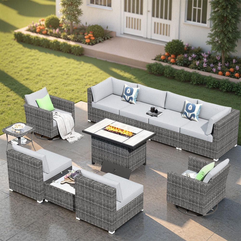 HOOOWOOO Messi Grey 11-Piece Wicker Outdoor Patio Fire Pit