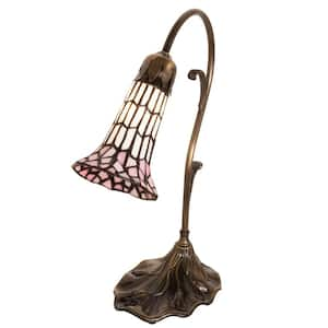 Pond Lily 15 in. Antique Brass Victorian Accent Table Lamp with Multicolored Stained Glass Shade