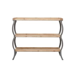 39 in. Brown Extra Large Rectangle Wood 2 Shelves Console Table with Bowed Grey Metal Legs
