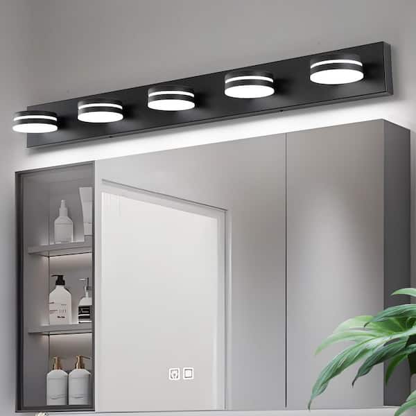 JUSHENG 40.55 in. 5-Light Black LED Vanity Light Bar with Dimmable 5500K Light and 270° Swivel Range Acrylic Lampshade