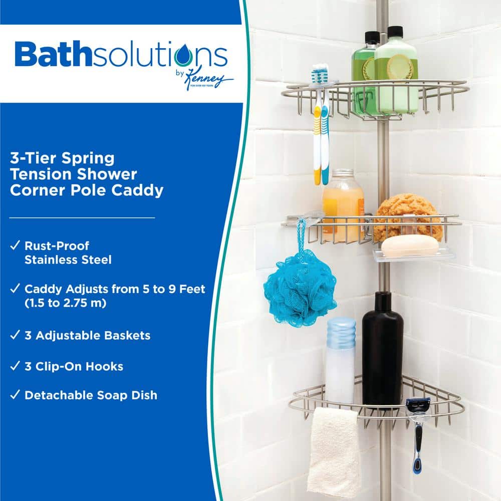 5 ft. to 9 ft. Adjustable 3-Tier Rust-Proof Stainless Steel Spring Tension Shower Corner Pole Caddy in Satin Nickel