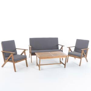 4-Piece Wood Patio Conversation Set with Grey Cushions for Backyard
