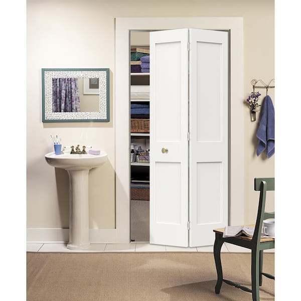 36 in. x 80 in. Solid Wood Core Off-White Primed Wood 2-Panel Shaker Bi-fold Door