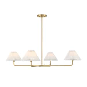 4-Light Natural Brass Minimalistic Chandelier with White Pleated Fabric Shades
